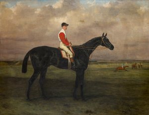 チッペンデール-ニューマーケット競馬場でジョッキーを乗せた競走馬、1874年頃（キャンバスに油彩） 作： Harry Hall