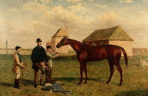 栗毛の競走馬「サンダーボルト」とオーナー、ジョッキー