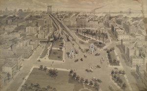 マンハッタンブリッジのブルックリンプラザ、1917年頃（インドのインクとウォッシュに不透明な白を付けたもの） 作： Harry M. Pettit