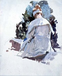 白いドレスを着て岩の上に座っている女性（油彩・紙） 作： Harry Watson