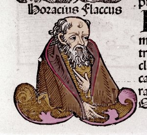 ラテン語の詩人、ホラーチェ（Quintus Horatius Flaccus）（紀元前65-8年）の肖像。ハルトマン・シェデルの『Liber Chronicarum』に収録されている。1497 作： Hartmann Schedel
