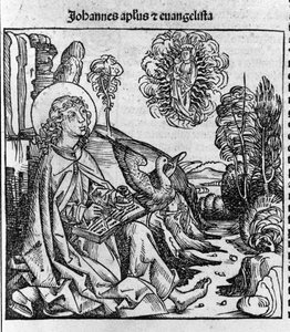 伝道者聖ヨハネの表現。ハルトマン・シェデルによる「Liber chronicarum」（ニュルンベルク年代記）からの版画 1493年 作： Hartmann Schedel