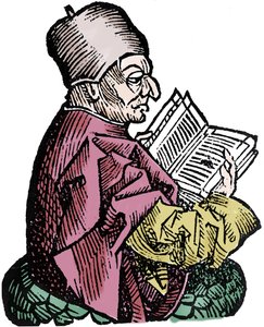 歴史家・神学者のBede the Venerable（673-735）（Beda Venerabilis）。ハルトマン・シェデルによる「ニュルンベルクの年代記」のキシログラフィー 作： Hartmann Schedel