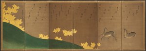 楓を持つ鹿 1605-10年頃（六曲一双屏風：紙に墨、色、金） 作： 羽佐川・素殿鉄山（1531-1617）（所蔵）等伯