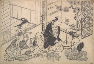 インテリア、三人の人物: Sake Party, ca. 1730年。 作： Hasegawa Mitsunobu