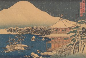 19世紀半ばの「降雪」に見られる金閣寺。 作： Hasegawa Sadanobu