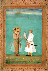 シャージャハン皇帝と鷹のいる年老いた廷臣、1650年頃 作： Hashim Hashim