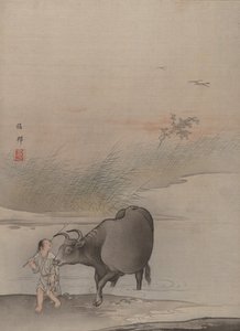 川のほとりで牛を連れた少年。