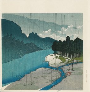 木版画「奥多摩川の雨」1988年 作： Hasui Kawase