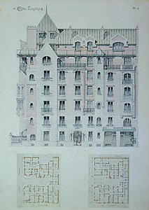 カステル・ベランジェ」のファサードと平面図、ヘクトール・ギマール（1867-1942）の本の挿絵（カラーリトグラフ）。 作： Hector Guimard
