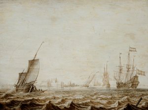 波立つ海で帆を降ろすウィズチップ 17世紀半ば（油彩・パネル） 作： Heerman Witmont