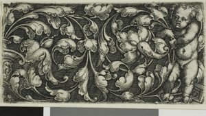 葉飾りの二重巻と右に立つプットー 作： Heinrich Aldegrever