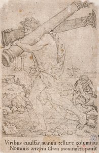 ガデスの柱を運ぶヘラクレス、シリーズより：  ヘラクレスの大業 (12) 作： Heinrich Aldegrever