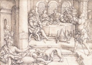 ダイブのテーブルからパン粉を物乞いするラザロ、1552 作： Heinrich Aldegrever
