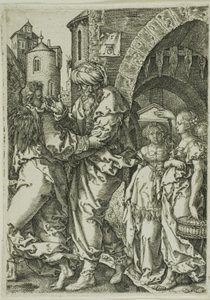 ロトの物語より、ソドムから逃げるロトとその家族 作： Heinrich Aldegrever