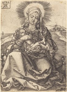 クッションの上に座っている風景の中のマドンナ、1527年。 作： Heinrich Aldegrever