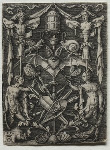 中央にバットがある装飾デザイン、1550。 作： Heinrich Aldegrever