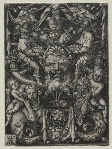 マスク、トリトンのカップル、およびその下の 2 人の子供の装飾デザイン 作： Heinrich Aldegrever