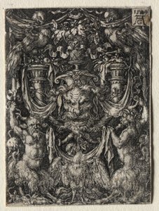 マスクとワシが下にある2つの牧神の間の装飾デザイン、1509。 作： Heinrich Aldegrever