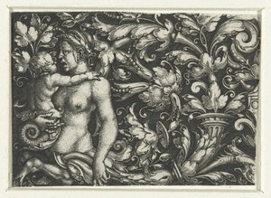 葉の巻きひげと子供を持つ女性のトリトンの飾り 作： Heinrich Aldegrever