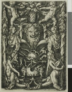 サテュロスのカップル、子供、トロフィーの装飾デザイン 作： Heinrich Aldegrever