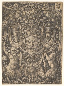 以下の2つの牧神の間のマスクとワシのある装飾デザイン、1549。 作： Heinrich Aldegrever