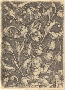 1532年に着席した子供のスクロールオーナメント。 作： Heinrich Aldegrever