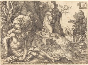 旅人に奉仕する良きサマリア人、1554年。 作： Heinrich Aldegrever