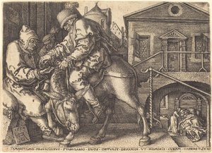 良きサマリア人が旅行者の宿舎の代金を支払う, 1554. 作： Heinrich Aldegrever