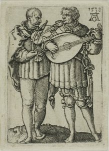 ヴァイオリンとリュートを演奏する 2 人の音楽家、小さな結婚式のダンサーからのプレート 1 作： Heinrich Aldegrever