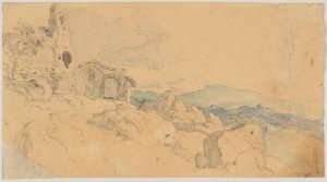 小屋と遺跡のある山の風景 作： Heinrich Burkel