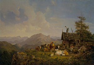 小屋のそばで休息する牧畜民と牛のいるオーバーバイエンの風景