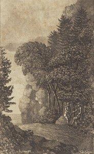 岩と大きな木のある風景、th. 2人の男性 作： Heinrich Grosch