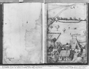 Fol.1ロレーヌ、ラクロワオーマインの村。鉱山とfol.25vのコントローラーであるKointzの家、アーティストの署名、c.1530（紙の上にペンとインクとトイレ） 作： Heinrich Gross or Groff