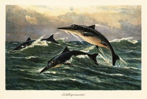 海の上をジャンプする絶滅した魚竜。 作： Heinrich Harder