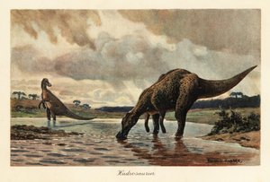 ハドロサウルスまたはアヒルのくちばしの恐竜が川で餌を食べています。 作： Heinrich Harder