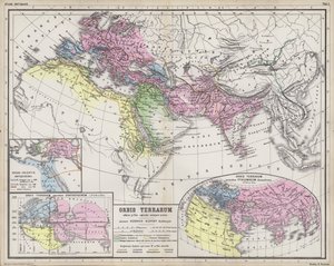 古代に知られている世界の領域の範囲を示す地図 (色付きの彫刻) 作： Heinrich Kiepert