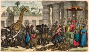 古代エジプト。エチオピア人がファラオの前で貢ぎ物をする 作： Heinrich Leutemann