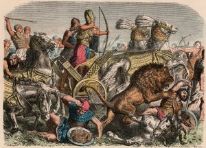 古代エジプト：ファラオラムセス2世、カデシュでヒッタイト軍のライオンと戦っています。紀元前1274年、1866年
