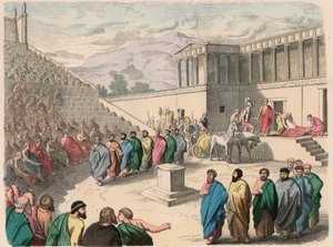 古代ギリシャ。演劇 - 悲劇「アガメムノン」の上演 作： Heinrich Leutemann