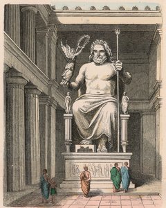 古代ギリシャ。オリンピア神殿のゼウス像 - フィディアスによる彫刻、紀元前440-30年頃 世界の七不思議のひとつ