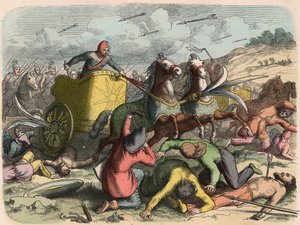 古代オリエント、ペルシャの戦闘中の馬車 作： Heinrich Leutemann