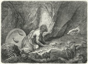スパルタ人に投げ込まれた穴から脱出するアリストメネス(エングレービング) 作： Heinrich Leutemann