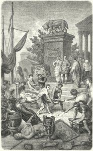 ローマに運ばれた古代ギリシャの美術品の到着（エングレービング 作： Heinrich Leutemann