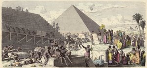 古代エジプトのピラミッド建設（彩色済み彫刻 作： Heinrich Leutemann