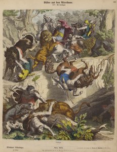 カルタゴのライオン狩り（彩色済み彫刻 作： Heinrich Leutemann