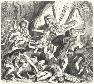 クレメラの戦いでのローマ人ファビア家の没落、紀元前477年（エングレービング 作： Heinrich Leutemann