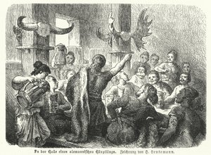 ゲルマンの酋長のホールでの饗宴（彫刻 作： Heinrich Leutemann