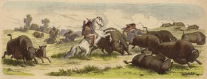 バッファローを狩る馬上のネイティブ・アメリカン（彩色済み彫刻 作： Heinrich Leutemann