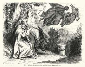 エウメニデスの木立の中のオイディプスとアンチゴーヌ（エングレーヴィング） 作： Heinrich Leutemann